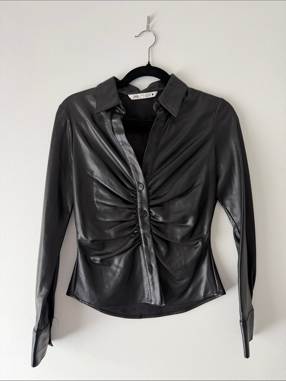Zara Black Faux Leather Ruched Button-Front Shirt